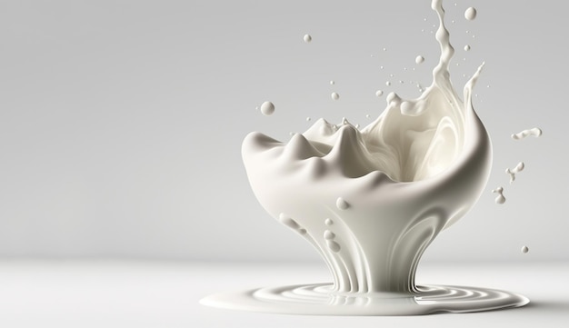 Generative AI Flowing liquid with splashes in white color Glossy cream milk fluid banner 3D effect