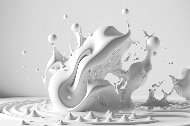 Generative AI Flowing liquid with splashes in white color Glossy cream milk fluid banner 3D