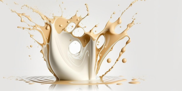 Generative AI Flowing liquid with splashes in white color Glossy cream milk fluid banner