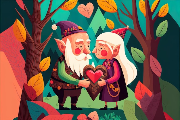 Generative AI forest elf smiling old age couples hybrid valentines day heart holding heart with warm light spring background joyful elderly Valentine39s day concept Love cardboard