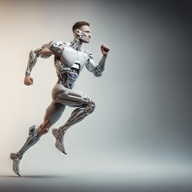 Generative AI Full length portrait of a male robot running on a gray background