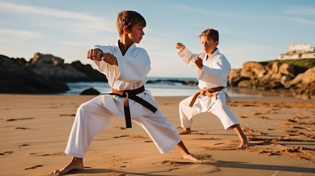 Generative AI fulllength picture of two teenage martial artists doing karate on the seashore