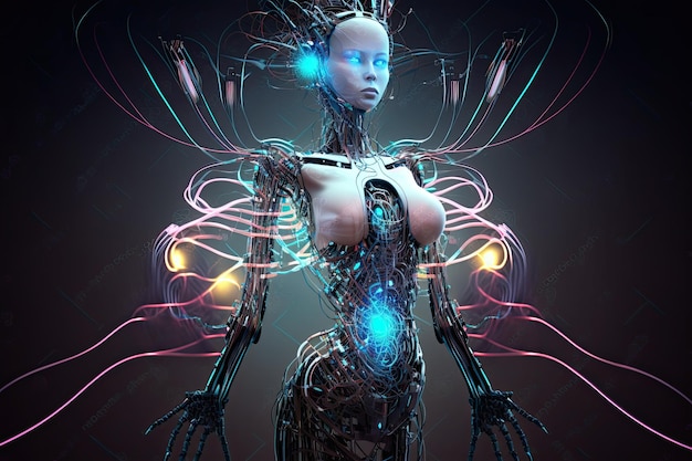 Generative AI Futuristic female humanoid robot with lots of metal wires A Technological Future