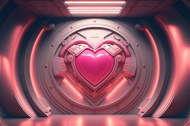 Generative AI Futuristic space ship room with pink heart in cyberpunk style St Valentine's Day