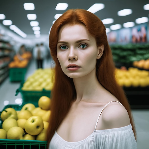 Generative ai futuristic surreal portrait beautiful young ginger woman indooors supermarket