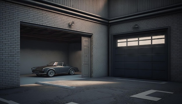 Generative AI of a garage door with a classic car in it