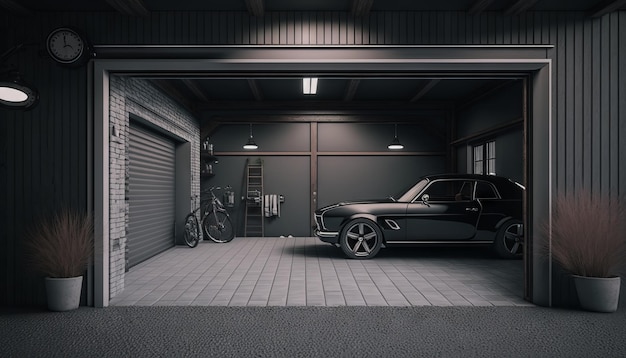 Generative AI of a garage with a black car in the door