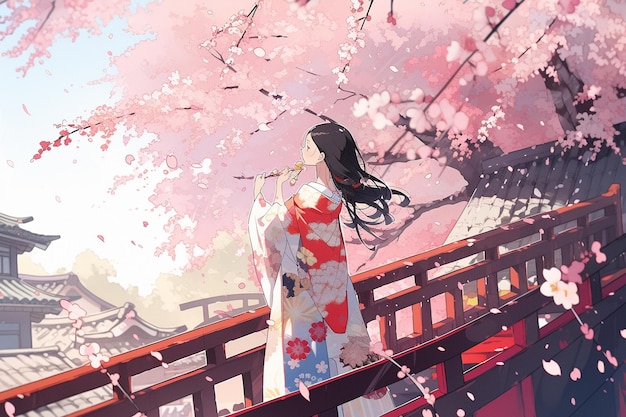 Generative ai Geisha in blooming sakura garden anime illustration