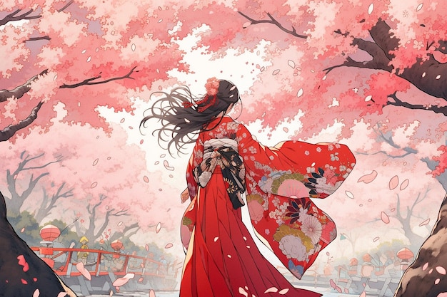 Generative ai Geisha in blooming sakura garden anime illustration