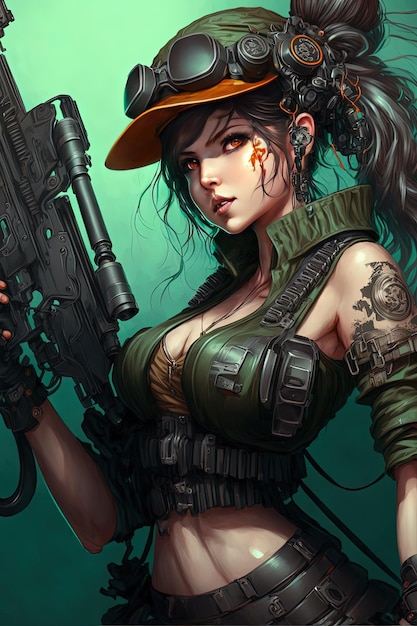 Generative AI Generative AI Beautiful woman Cyberpunk space hunter with a big gun and army gear