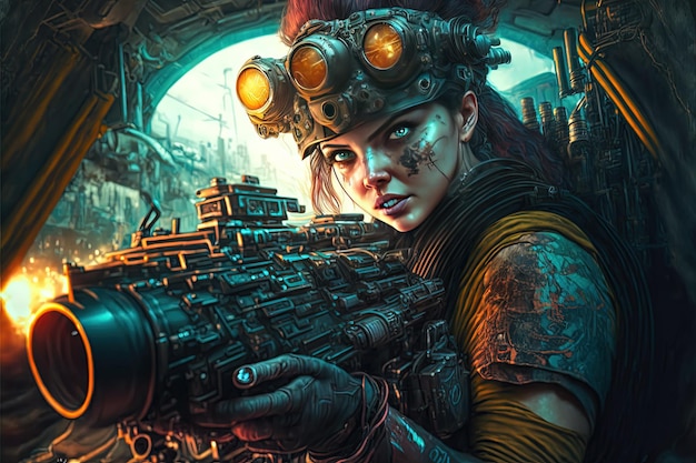 Generative AI Generative AI Beautiful woman Cyberpunk space hunter with a big gun and army gear