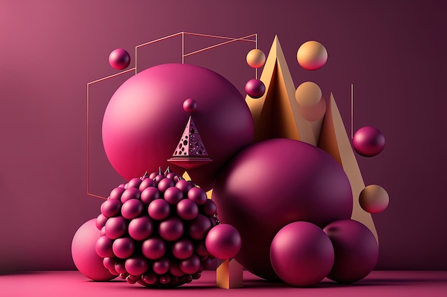 Generative AI geometric figures cube floating spheres and balls in magenta color Glossy pink fluid