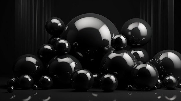 Generative AI geometric figures floating spheres and balls in black color