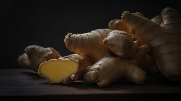 Generative AI ginger root spice photorealistic illustartion on dark background