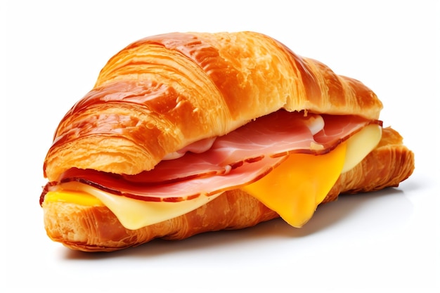 Generative AI Golden Baked Ham and Cheese Croissants on a White Background