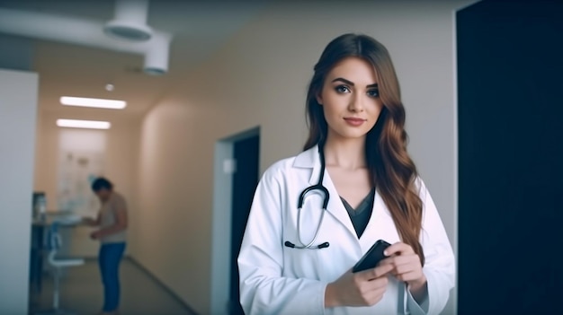 Generative AI a gorgeous brunette in a hospital with a stethoscope