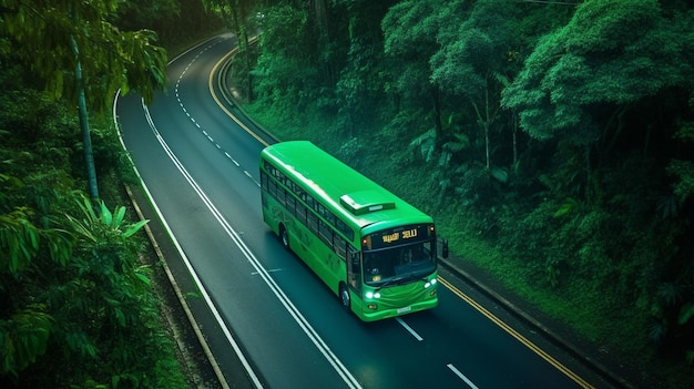 Generative AI green bus on forest highway