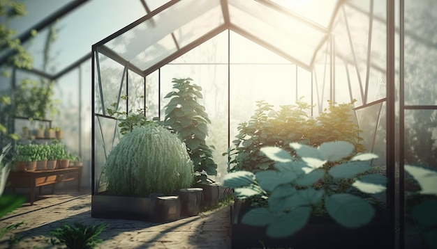 Generative AI Green house from the glass tentglass garden with a lot of plants Photorealistic effect