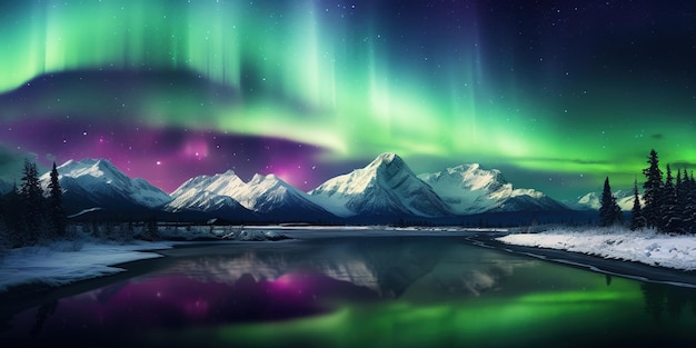 Generative AI Green and pink northern lights above snowy mountains winter landscape aurora and reflection on the water surface