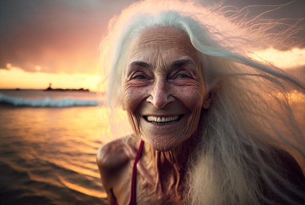 Generative ai grey hair mature woman wearing swimsuit smiling