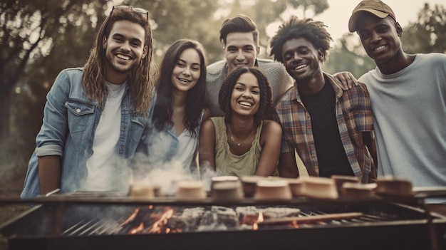 Generative AI group image of teenagers enjoying a picnic grouped around the grill