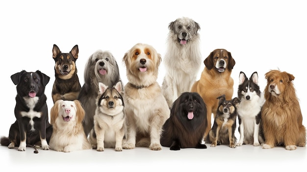 Generative AI a group of twelve canines and a white background