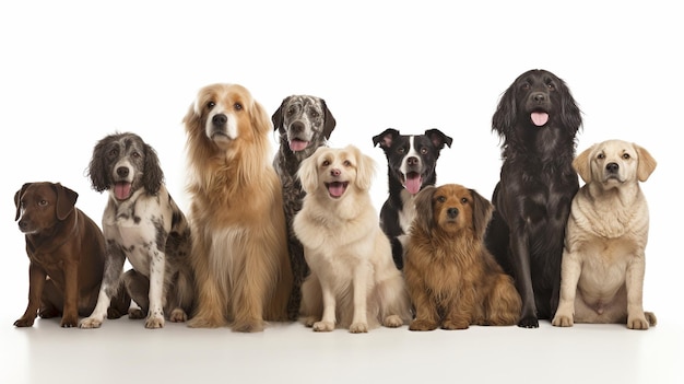 Generative AI a group of twelve canines and a white background