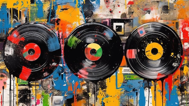 Generative AI Grunge Vinyl Records pop art graffiti vibrant color Ink melted paint street art