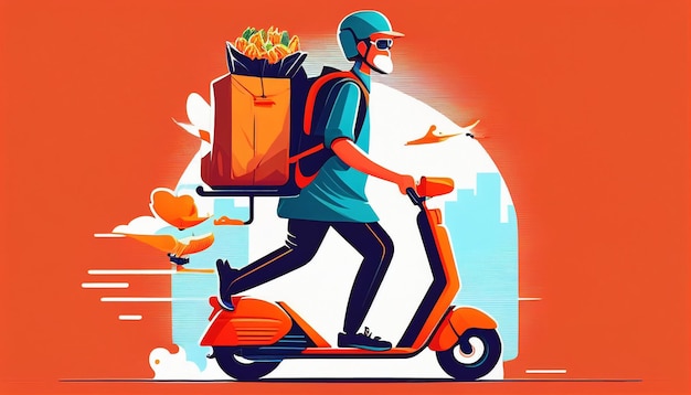 Generative AI guy courier using an electric push scooter while carrying a food delivery bag