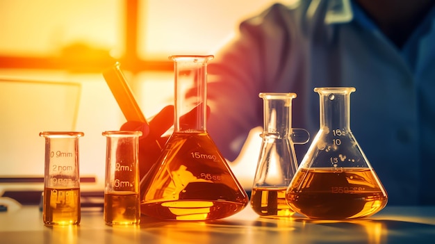 Generative AI Hands in rubber gloves hold flask with yellow liquid in chemical laboratory closeup Q