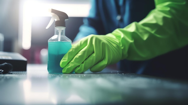 Generative AI Hands in rubber gloves hold flask with yellow liquid in chemical laboratory closeup Q