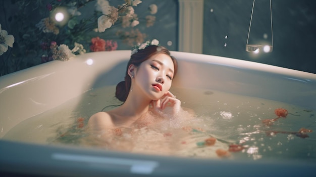 Generative AI happy attractive woman unwinding in water