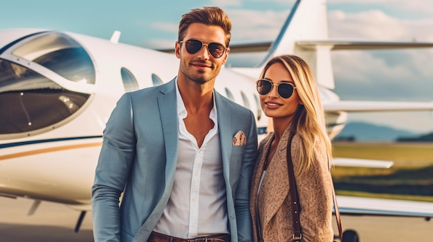 Generative AI Happy Couple Outside Private Jet