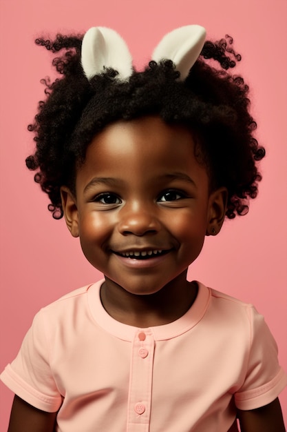 Generative ai happy funny smiling black toddler on isolated background wearing bunny rabbit ears