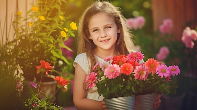 Generative AI Happy Girl with Garden Flowers and Plants on a Sunny Background