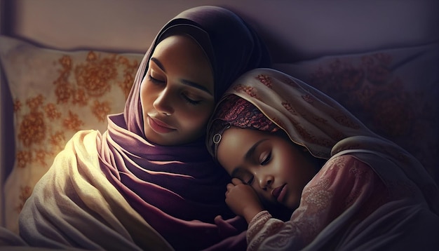 Generative AI happy Muslim mother cuddling with her daughter on the bed