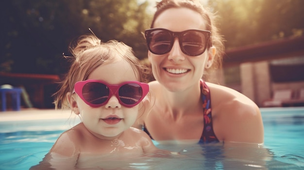 Generative AI happy people and a youngster in the pool