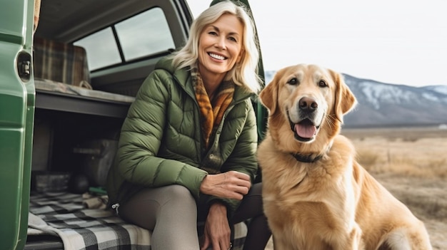 Generative AI of a happy senior female host tending to her golden retriever beside a camper van