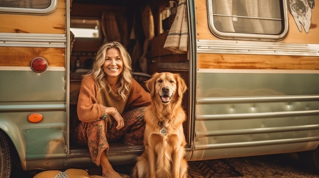 Generative AI of a happy senior female host tending to her golden retriever beside a camper van