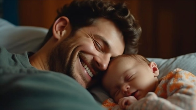 Generative AI of a happy smiling new father cuddling a gorgeous infant who is resting on his back in bed