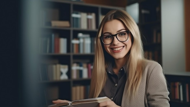 Generative AI a happy woman working in an office with a book collection