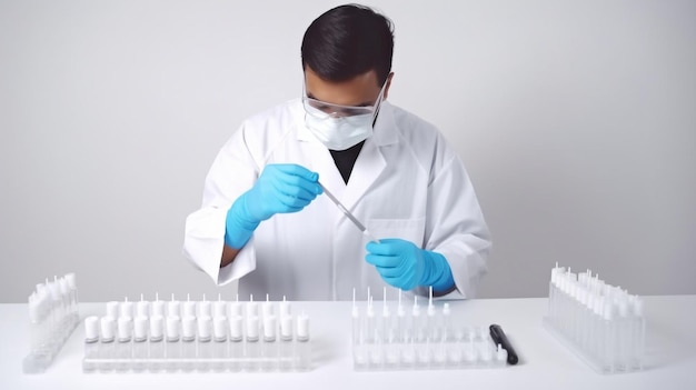 Generative AI a health worker wearing a face mask works with test tubes against a white background