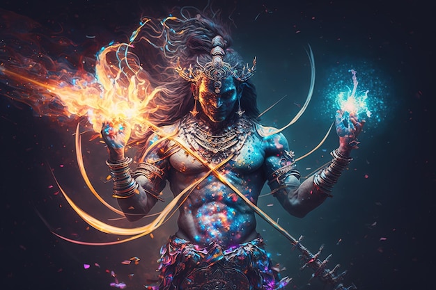 Generative AI Hindu god Shiva Colorful indian hindu God Shiva hand holding Trident God Shiva epic pose with trishula magic in hand for tshirt print poster Hindu religious art