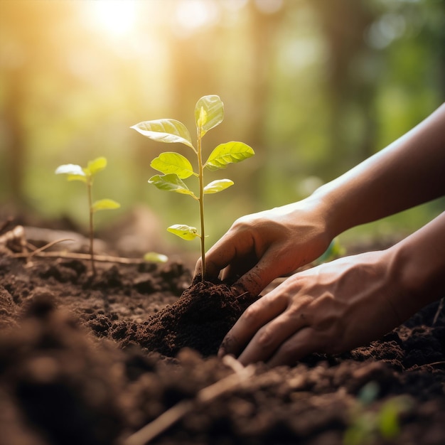 Generative ai human hands planting the young tree while working in the garden