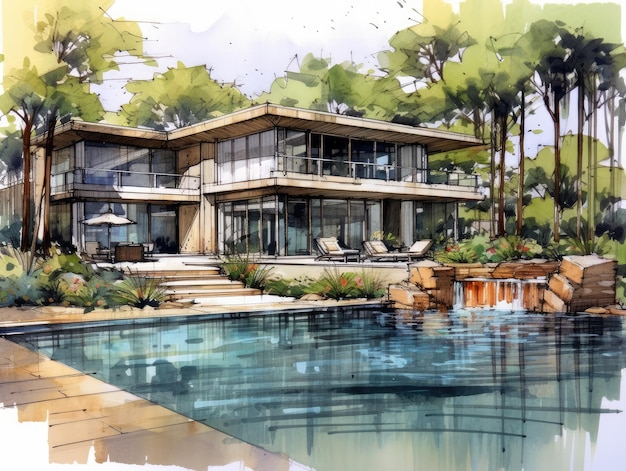 Generative ai illustration of architect sketch from a contemporary house with swimming pool