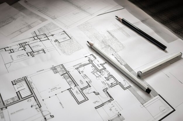 Generative AI illustration of Architectural plans drawings pencil sketches paper textures book pages floor plans