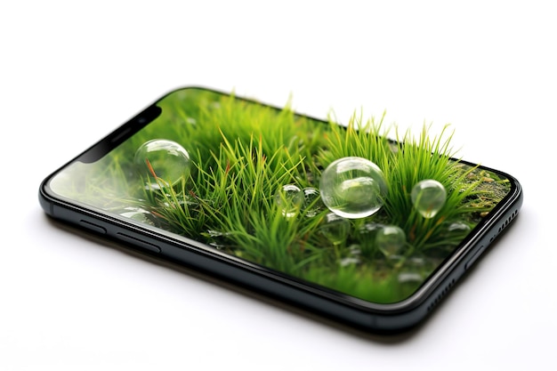 Generative AI illustration of background of grass planted on smartphone screenGreen nature with white background green concept