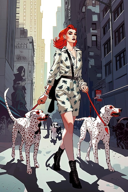 Generative AI illustration of a beautiful 20yearold redhaired girl dressed fashionably on the streets of New York walking several dogs of the Dalmata breed