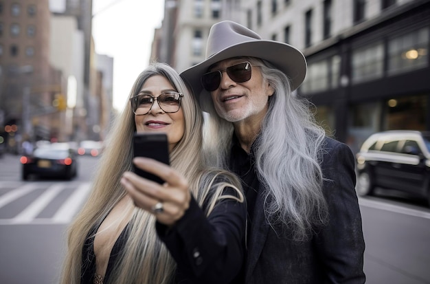 Generative AI illustration of beautiful 60 year old couple with gray hair and hat on the streets of New York