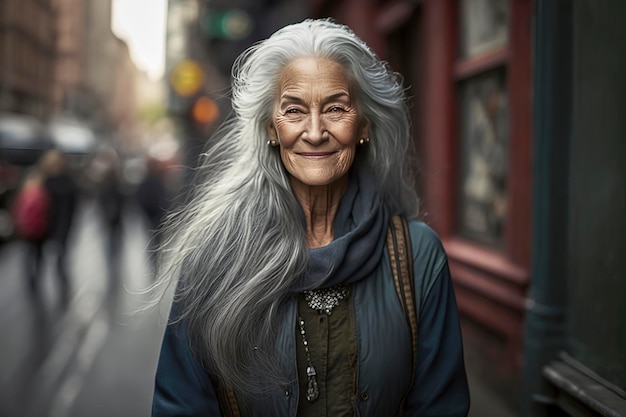 Generative AI illustration of beautiful 60 year old woman with gray hair on the streets of New York